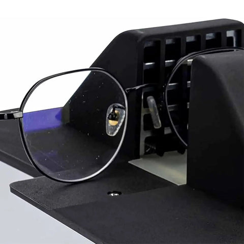 Heavy Duty 1500W Eyeglasses Frame Heater Pumping Out Big Heat With Zero Hassle showing glasses near heater unit.