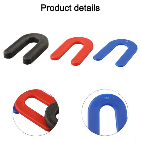 Three color-coded polypropylene U-shaped wedges from the 60 Piece Plastic Leveling Shims Kit For Auto Dash And Car Mount Repair.