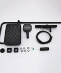 Wall Mounted Exposed Shower System 3 Functions Chrome parts including handheld sprayer, showerhead, and connecting accessories.
