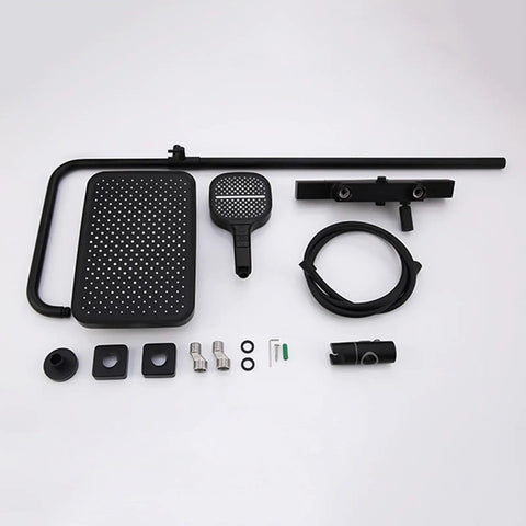 Wall Mounted Exposed Shower System 3 Functions Chrome parts including handheld sprayer, showerhead, and connecting accessories.