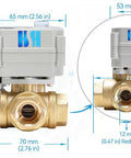 Dimensions and front view of 12V DC Motorized Brass Ball Valve With L Port, Three Way, NPT Inlet, Position Feedback, Reverse Polarity On Off