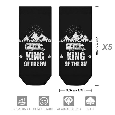 5 Pairs Ankle Socks For Running, Gym And RV Camping - King of the RV design, breathable mesh, 20cm size, black color.