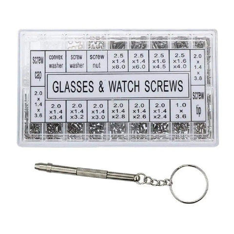 Super Slick Micro Screw Kit For Eyeglasses And Watches With Tiny Precision Drivers And Portable Keychain Clip To Quick Fix Your Daily Carry Gear On The Fly in a clear case with tiny screws.