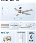 52 Inch Ceiling Fan With Lights And Remote, 6 Speed Reversible DC Motor, Brushed Nickel, Dual Silver And Wood Grain Blades