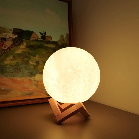 Moon Lamp 4.75 Inch 3D Printed LED Night Light With 16 Colors, Stand, Remote And Touch Control, USB Rechargeable on wooden stand