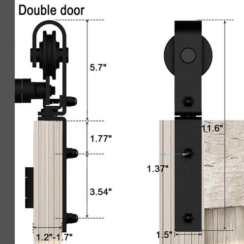 Close-up of 72 Inch Bi Fold Sliding Barn Door Hardware Kit with measurements for four doors, featuring J shape hangers.