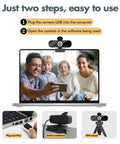 Top Shelf 1080P Webcam With Crisp Built In Microphone And Wide Angle Lens Includes Adjustably Rotatable Tripod And Flip Privacy Cover No Sweat Plug And Play For Streaming Gaming On PC Laptop, easy setup shown with USB connection.