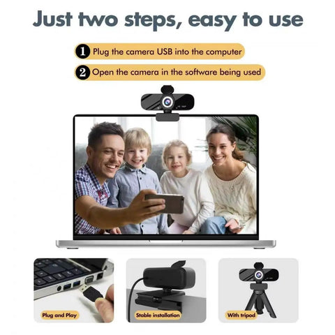 Top Shelf 1080P Webcam With Crisp Built In Microphone And Wide Angle Lens Includes Adjustably Rotatable Tripod And Flip Privacy Cover No Sweat Plug And Play For Streaming Gaming On PC Laptop, easy setup shown with USB connection.
