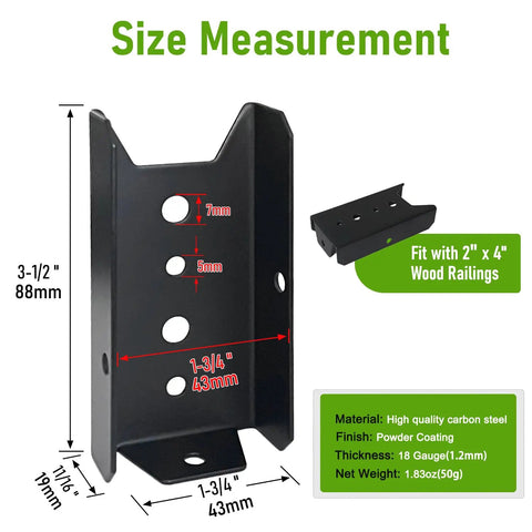 24 Pack 2x4 Deck Railing Brackets For Wood Posts - 18-Gauge Steel Black Powder Coated Fence Rail Connectors size measurement