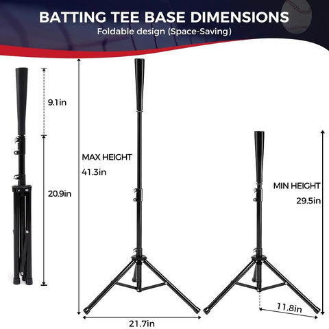 Adjustable Batting Tee With Tripod For Baseball And Softball, foldable design, height shown from 29.5 to 41.3 inches