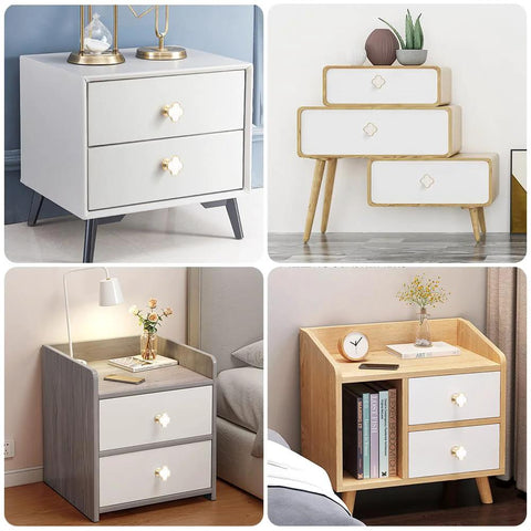 Four Leaf Clover Cabinet Knob Set 15 Pcs Zinc Alloy Pulls Gold Finish installed on white drawers and dressers in various settings