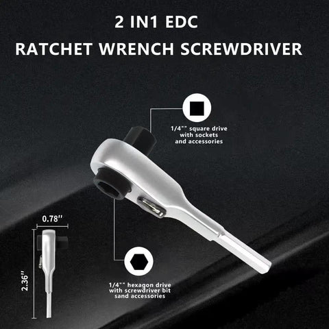 Black Flat End Bit Extender And 2 In 1 Mini Ratchet Wrench for Leatherman multi tool accessories, EDC, dimensions and drive types shown