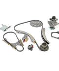 Top Tier Timing Chain Kit Plus Water Pump For Chevy Colorado And Canyon 2.8L Or 3.5L Engines From 2004 To 2006 Alloy Build Rock Solid Durability No Stretching Needed Keep Your Ride Running Smooth Without Breaks Or Costly Repairs Down The Road. timing chain kit and water pump parts laid out on white background