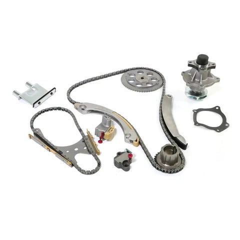 Top Tier Timing Chain Kit Plus Water Pump For Chevy Colorado And Canyon 2.8L Or 3.5L Engines From 2004 To 2006 Alloy Build Rock Solid Durability No Stretching Needed Keep Your Ride Running Smooth Without Breaks Or Costly Repairs Down The Road. timing chain kit and water pump parts laid out on white background