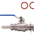 Side view: 1/2 in stainless steel ball valve with blue lever for weldless bulkhead, 1/2 NPT to 1/2 barb