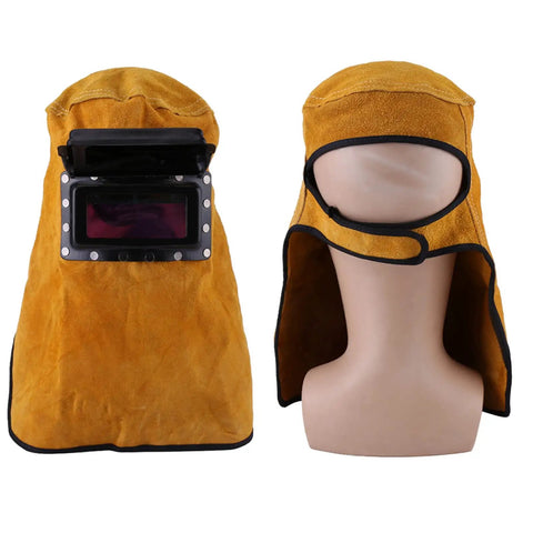 Cowhide Leather Welding Hood With Auto Darkening Lens Pancake Style Welding Helmet Mask For Arc Welding Heavy Duty Pro Grade Auto Darkening Shield