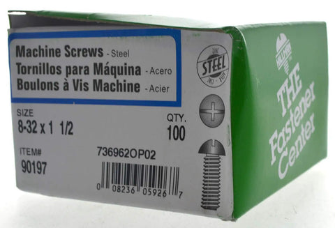 Heavy Duty Zinc Plated Round Head Machine Screws Featuring Tough Comb Threads 8-32 X 1-1/2 Inch For Grip-Tight Steel Assembly And Go-To Shop Projects Across Any Workbench 100 Count box showing size and quantity.