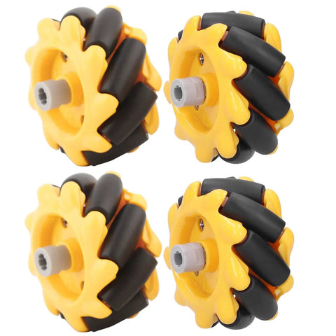 Four yellow mecanum wheels with black rollers and gray axles for robotics projects