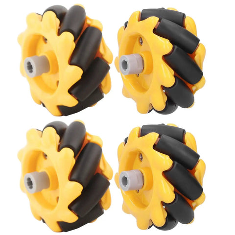 Directional Mecanum Wheels 48mm Two Pairs Set for DIY Robots Smart Car Chassis and Automation Projects High Precision Omnidirectional Drive with Yellow and Black Exterior Built for Industrial Use and Easy Build