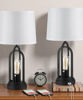 Set Of 2 Farmhouse Table Lamps For Living Room With Dual USB Ports, 3 Way Brightness Retro Industrial Nightstand Lamps With Nightlight