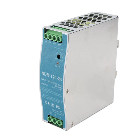 Heavy Duty 120W Rail Power Supply 24V 5A for Industrial Machines NDR 120 24 with aluminum-plastic enclosure front view