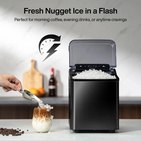 Fast Nugget Ice Maker Countertop with Self Cleaning Pump shown making chewable pebble ice, black stainless finish, on kitchen counter