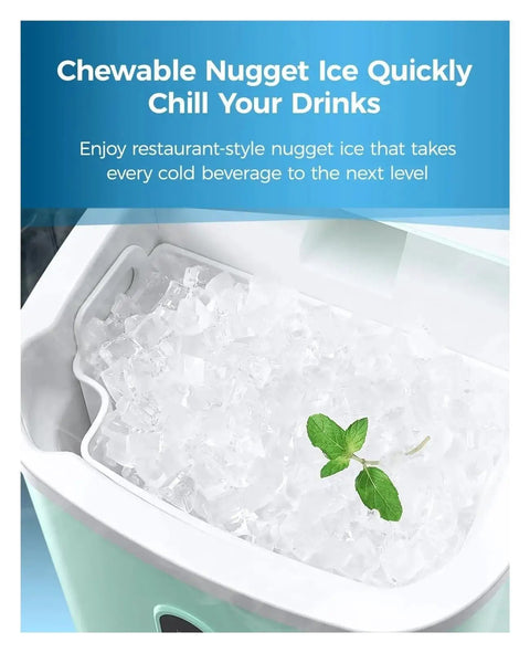 Top Shelf Countertop Nugget Ice Maker With Hassle Free Self Cleaning And Travel Ready Design For Chilling Sodas Smoothies And Cocktails Fast Enough To Handle Weekend Hangouts with ice and mint.