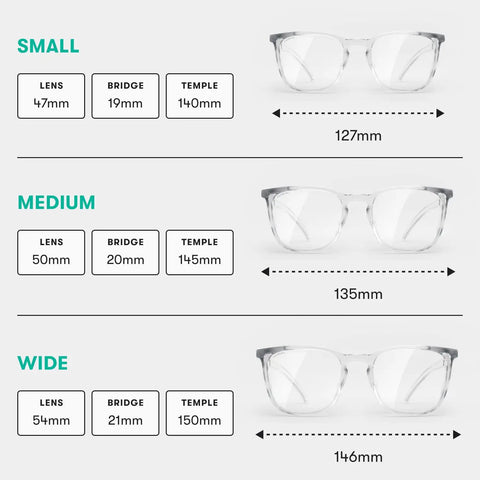 Three sizes of Protective Safety Glasses With Z87.1 Certified Polycarbonate Lenses, Scratch And Shatter Proof, Blue Light And UV Blocking