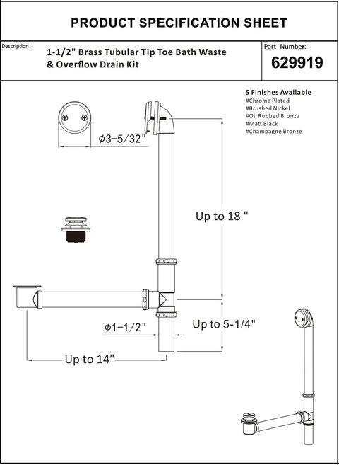 1-1/2 inch Brass Tubular Tip Toe Bath Waste & Overflow Drain Kit specifications diagram, featuring dimensions and fittings.