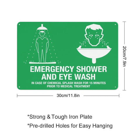 Emergency Shower And Eye Wash Outdoor Safety Sign For Chemical Hazards 8x12 Wall Plaque with dimensions and pre-drilled holes.