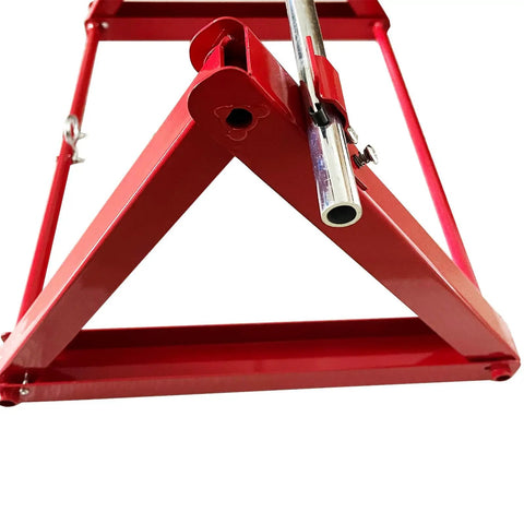 Foldable Cable Reel Drum Roller Holder And Spool Dispenser With Wire Rack, red stainless steel frame, close-up angle