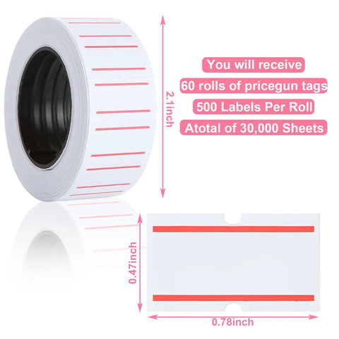 Go-To White Price Gun Labels 60 Rolls For MX5500 30000 Pieces showing roll dimensions and label size for office and retail.