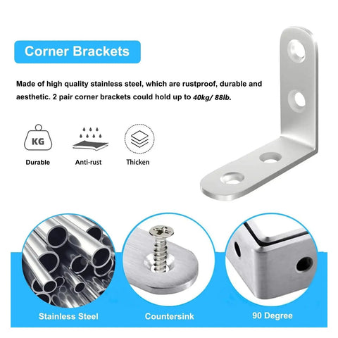 All In One Stainless Steel L Bracket Set With 80 Screws For Furniture Shelves, 90 Degree Corner Braces, showing durable design