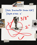 Image showing a 3/8 inch drill bit, diagrams, and notes on hole diameter and depth at 2 inches, with photos of drill and drilled material.