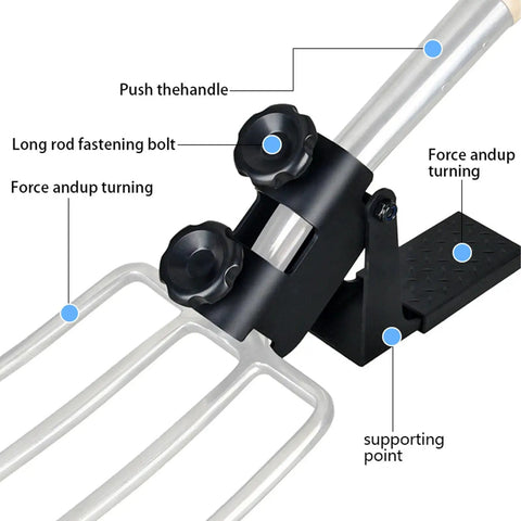 Spade Fork Digging Tool With Steel Head And Replaceable Handle features lever pedal and knobs for upright digging.