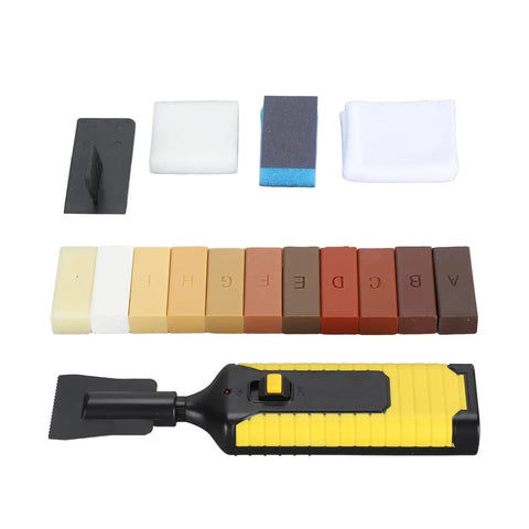 Wood Floor Repair Kit With 11 Color Matching Wax Sticks For Quick Scratch And Crack Fix, Easy To Use On Floors, Furniture And Cabinets, DIY Restoration Kit For Home Improvement And Pro Level Results displayed with repair tools and accessories