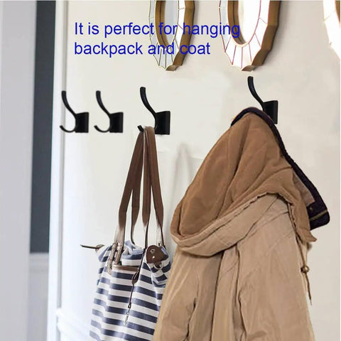 Matte Black Double Towel Hooks Wall Mount Heavy Duty Coat Robe Clothes Hanger For Bathroom Bedroom Kitchen Pool Garage And Hotel Use With Easy Install Hardware Included 4 Pack mounted on wall holding bag and coat