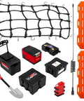 10 Piece RC Crawler Roof Rack Gear Kit With Luggage Net Fishing Box Oil Drum Shovel Antennas Recovery Board For Traxxas TRX4 TRX6 Axial SCX10 Redcat GEN7 GEN8 Rc4wd Black, showing storage boxes, shovel, and tools.