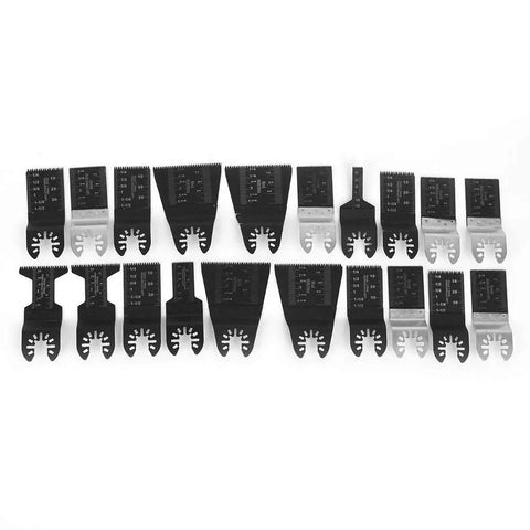 All Purpose Oscillating Tool Blade Kit, 20 Piece High Carbon Steel Set for cutting plastic, wood, soft metals displayed on white