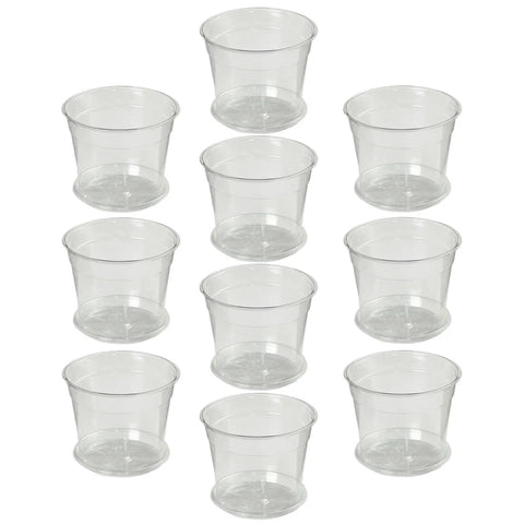10 Piece Reusable Flexible Nursery Pots With Drainage For Indoor And Outdoor Gardening Great For Yard Balcony Patio Backyard Planting Repotting Growing Plants Includes Drip Catcher Saucer Durable Warp Resistant Design shown in clear plastic material