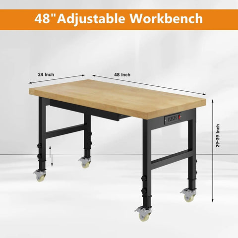 Knockout 48 Inch Rolling Work Bench With Secure Drawers, No Sweat Height Adjustments Handling Two Thousand Pounds, Built In Power Strip Straight Up Ready For Garage Tinkering Or Home Shop Builds