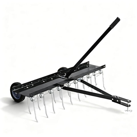 Tow Behind Dethatcher With 40 Inch Wide Working Surface And 20 Spring Steel Tines For Lawn Thatch Removal Compatible With ATVs And Mowers