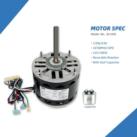 Half Horsepower Blower Fan Motor With 1075 RPM And Three Speed Settings 115 Volt Includes Ten Microfarad Capacitor 370V