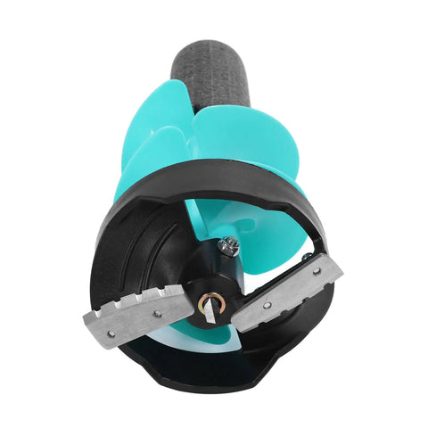 Cool 6 Inch Manual Ice Auger Drill With Floating Tube And Razor Sharp Nylon Bit For Easy Burrowing close-up view of the auger bit showing its sharp blades.