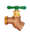 Built Tough For Backyard Jobs Smooth Operation Zero Hassle Heavy Duty Forged Brass Hose Bibb with green handle and 1/2 inch connection.