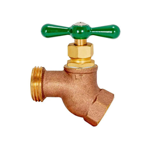 Built Tough For Backyard Jobs Smooth Operation Zero Hassle Heavy Duty Forged Brass Hose Bibb with green handle and 1/2 inch connection.