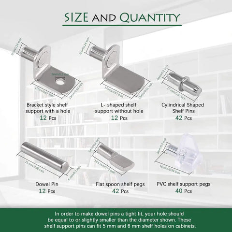 Heavy Duty Nickel Plated Shelf Pegs And Cabinet Support Pins For Quick Home Fixes; size options and quantities of shelf supports.