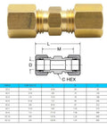 Front view of Legines brass compression tube union fitting, 1/4 in OD x 1/4 in OD, pack of 2