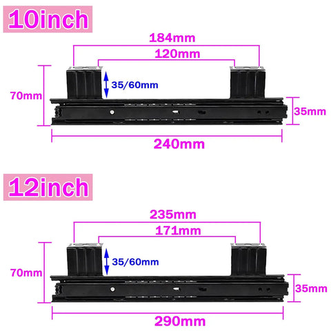 Heavy Duty Ball Bearing Drawer Slides For Cabinets And Keyboard Trays In 240mm Or 290mm Closed Length That Extend To 480mm Or 578mm, Supports Up To 40kg, Thickened Cold Rolled Steel With Rust Resistant Finish, Smooth Quiet Operation Built To Last. 240mm and 290mm size chart