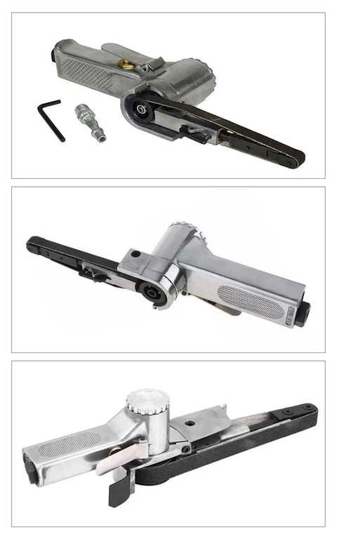 Heavy Duty Mini Air Belt Sander Pneumatic Handheld Angle Grinder For Wood And Metal Sanding Polishing Rust Removal With 520X20mm Belts, showing multiple views of the tool.